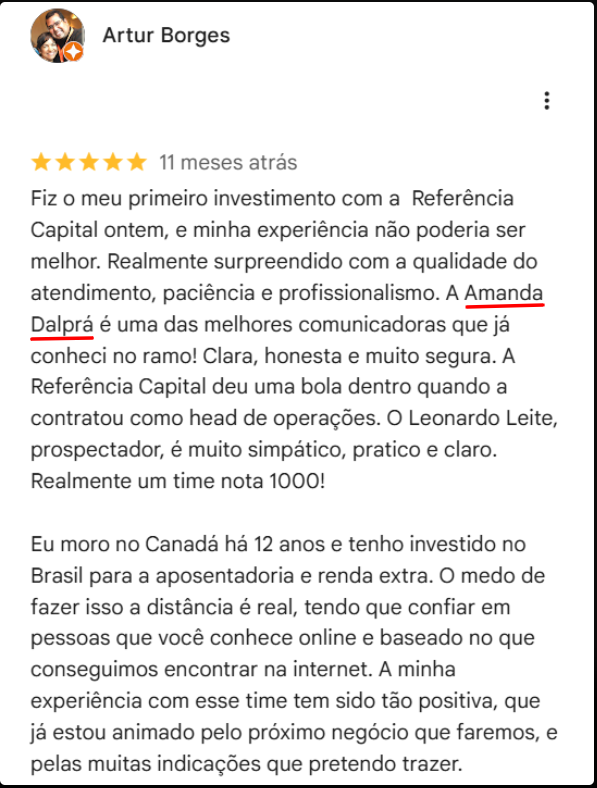 Avaliação 5 estrelas de Artur Borges