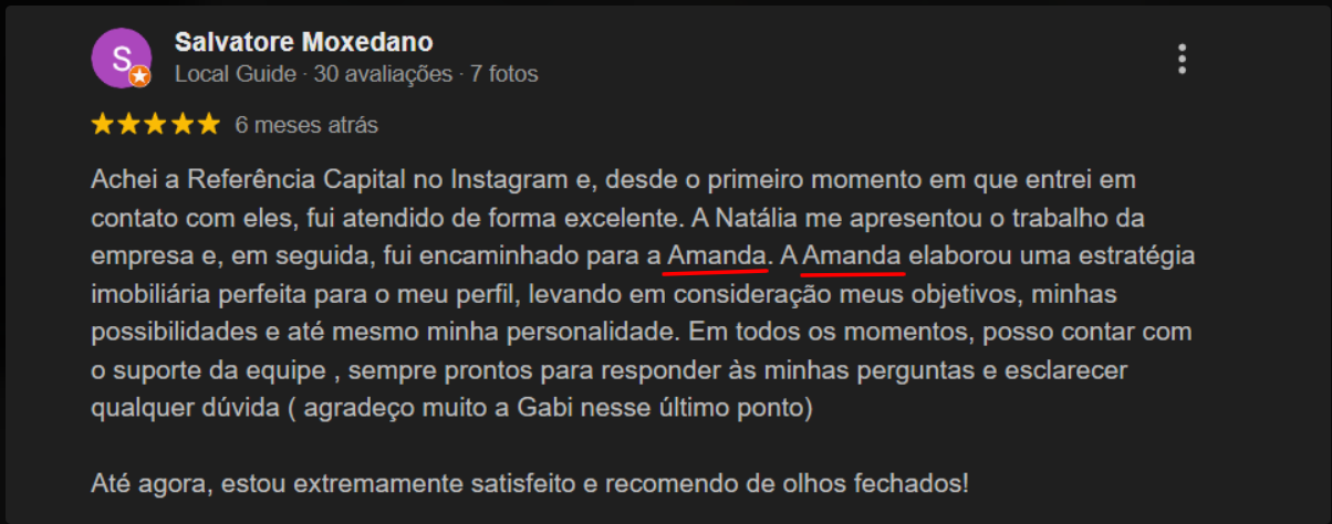 Avaliação 5 estrelas de Salvatore Moxedano no Google